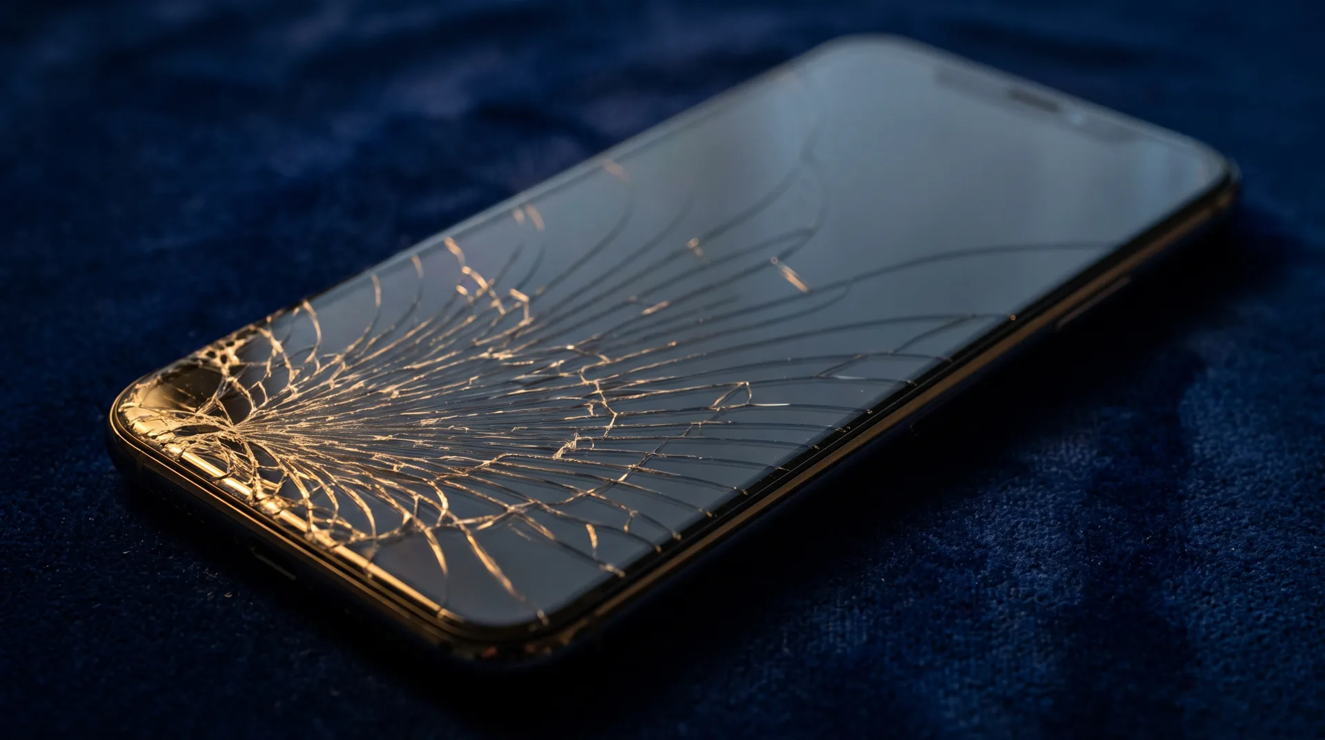 A smartphone with a spidered, shattered screen catching gold light on deep navy