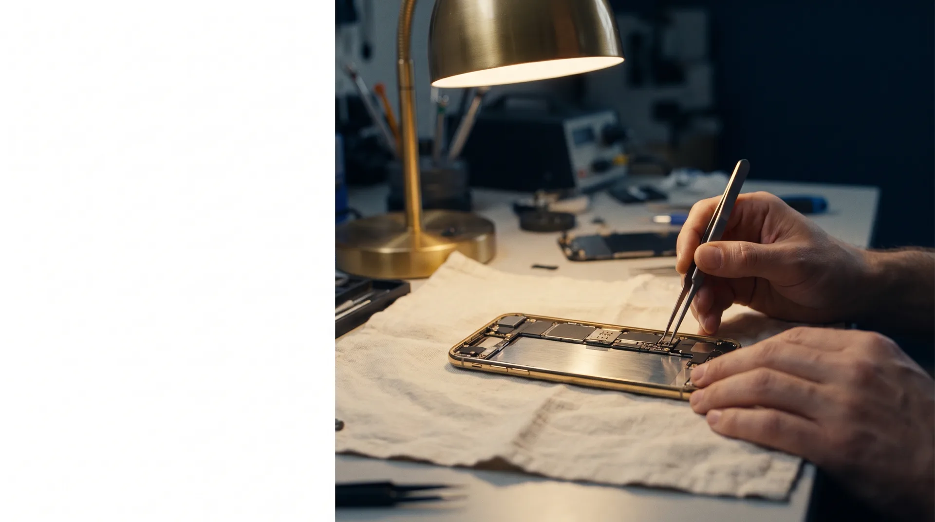 Hands using precision tweezers inside an opened phone chassis on cream linen under a brass lamp