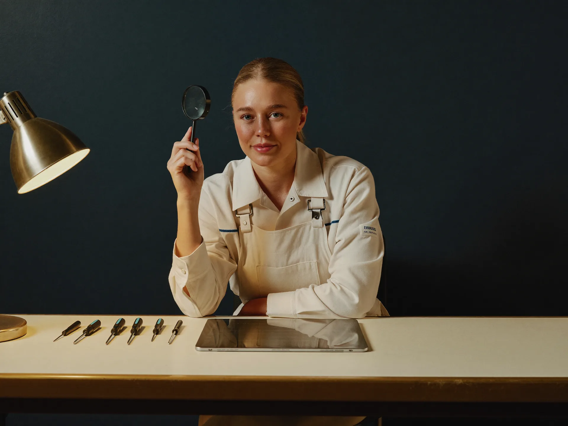 A restored phone laid face-up on cream linen, a neighbour's hand reaching for it across the counter