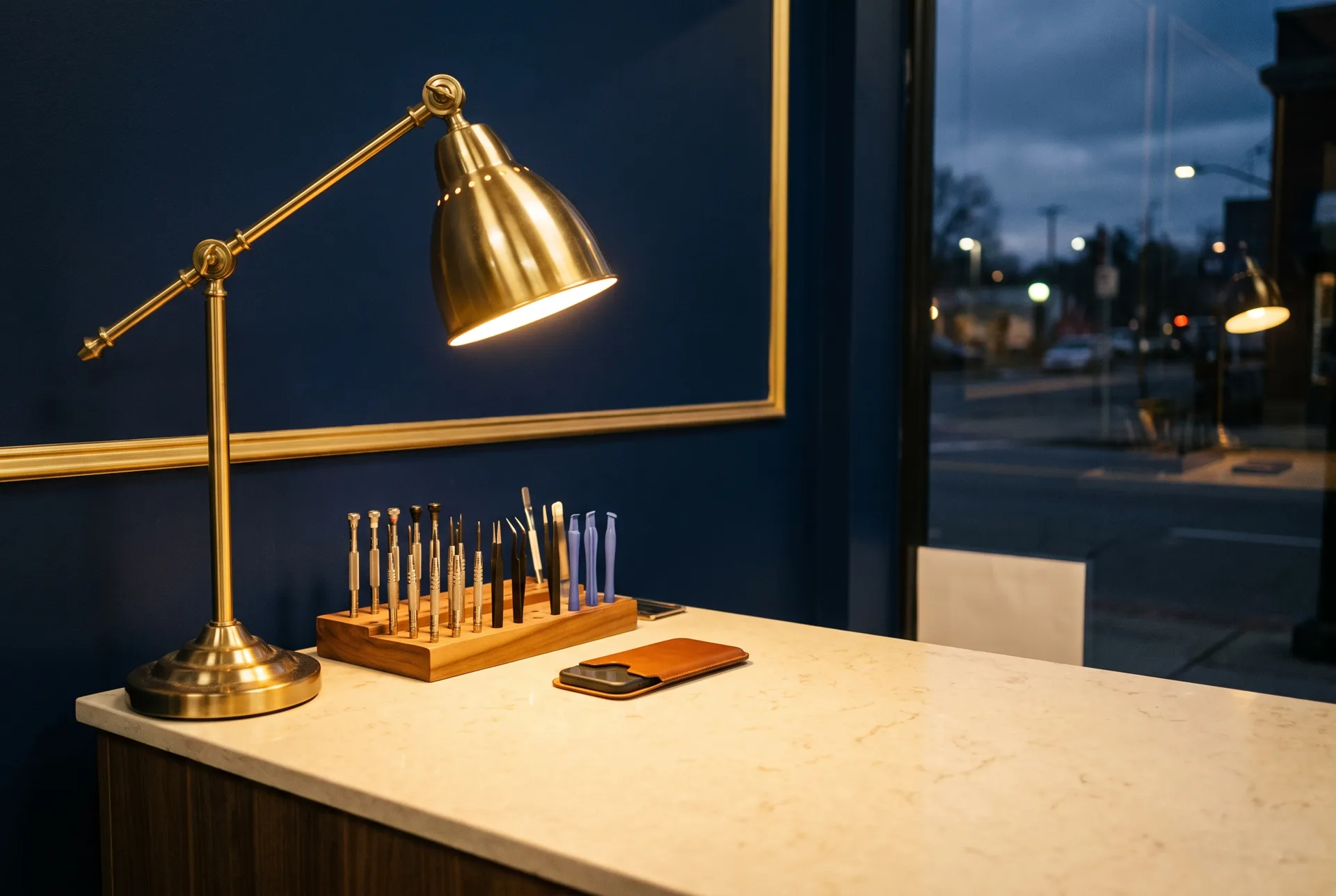 The EmperorLinda repair counter at dusk — a brass task lamp over a rack of precision drivers